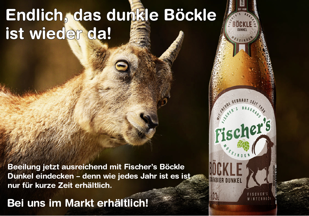 Das dunkle Böckle ist wieder da Endlich – Fischer’s Böckle Dunkel ist zurück im Handel Pünktlich zu Anfang Oktober kehrt das kleine Böckle Dunkel wieder zurück zum Fischer’s-Getränkehändler Ihres Vertrauens. Unser beliebtes dunkles Starkbier (Alkoholgehalt 6,9 %) mit seinem angenehmen Röstmalzgeschmack ist ein einzigartiges Aromaerlebnis in der Winterzeit. Beeilen Sie sich und decken sich mit ausreichend Vorrat an Fischer’s Böckle Dunkel ein – denn wie jedes Jahr ist es ist nur für kurze Zeit erhältlich bei DRINKSCOUT24 in Unterensingen und Reudern