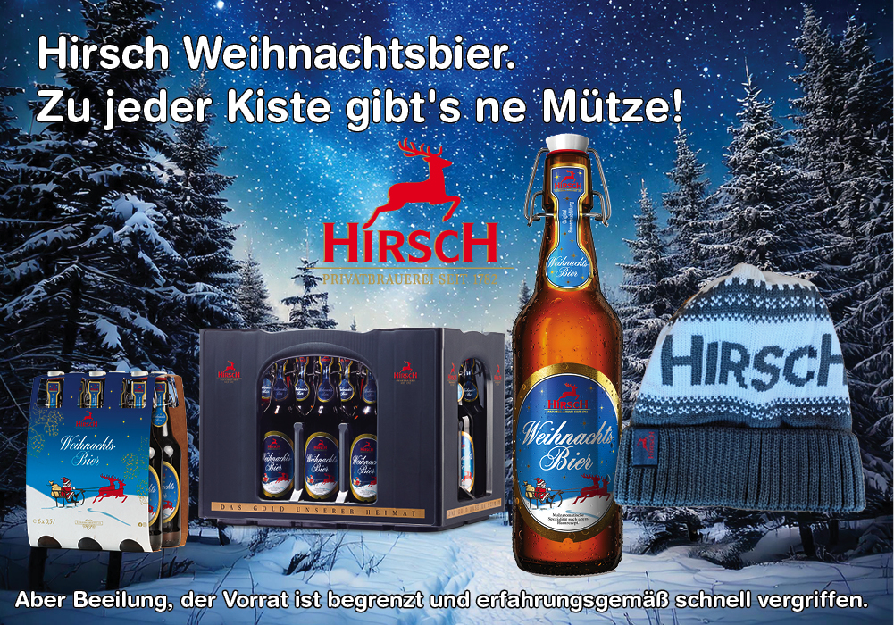 Hirsch Weihnachtsbier zu jeder Kiste gibts ne Mütze. Solange Vorrat bei Drinkscout 24 in Unterensingen und Reudern